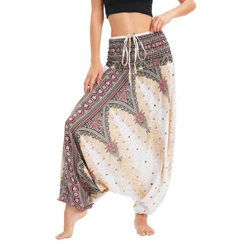 Mocoer Two Style Wear Peacock Feather Loose Smocked Harem Trousers Jumpsuit High Waist Pants - Mocoer