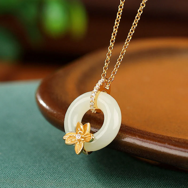 Mocoer 925 Sterling Silver Hetian Jade Peace Buckle Flower Luck Necklace Pendant - Mocoer