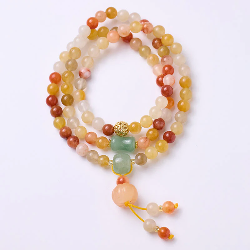 Mocoer Natural Golden Silk Jade Pumpkin Charm Wealth Luck Triple Wrap Bracelet - Mocoer