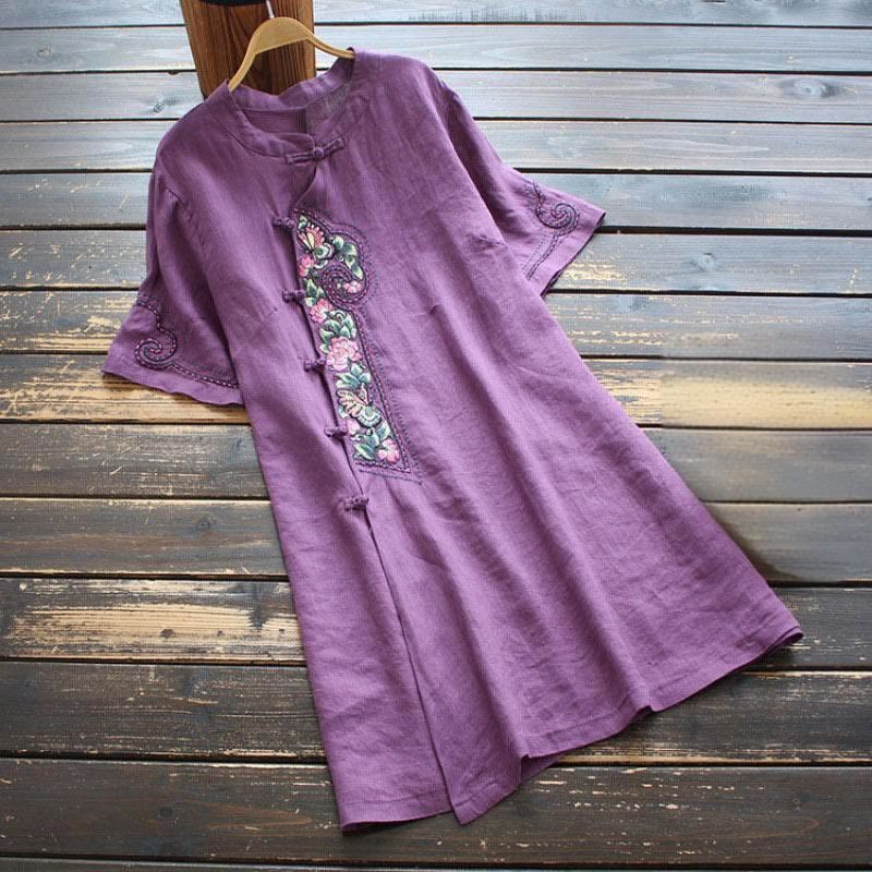 Mocoer Casual Loose Stand Collar Button Embroidery Half Sleeve Design Polyester Midi Dress - Mocoer