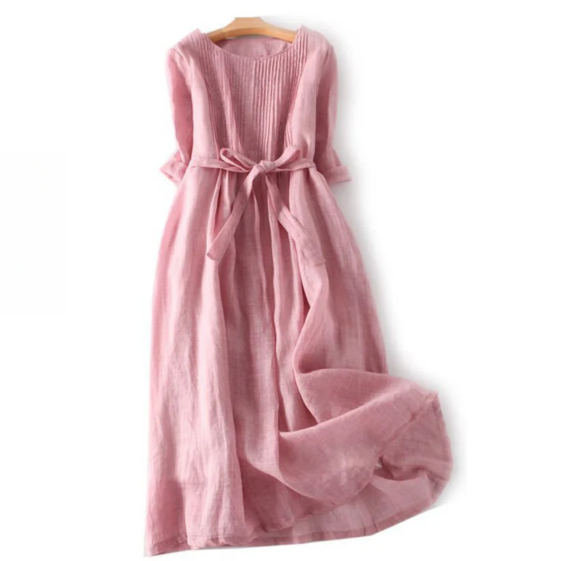 Mocoer Casual Lace-up Plain Crew Neck Half Sleeve Cotton Linen Midi Dress With Pockets - Mocoer