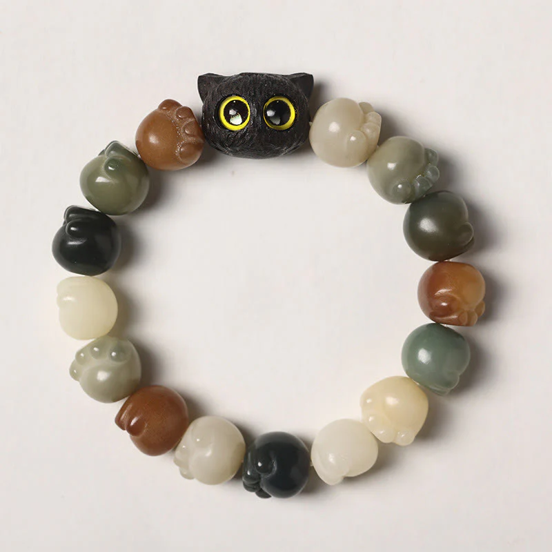 Mocoer Natural Bodhi Seed Lovely Paw Ebony Wood Lucky Cat Wisdom Bracelet - Mocoer
