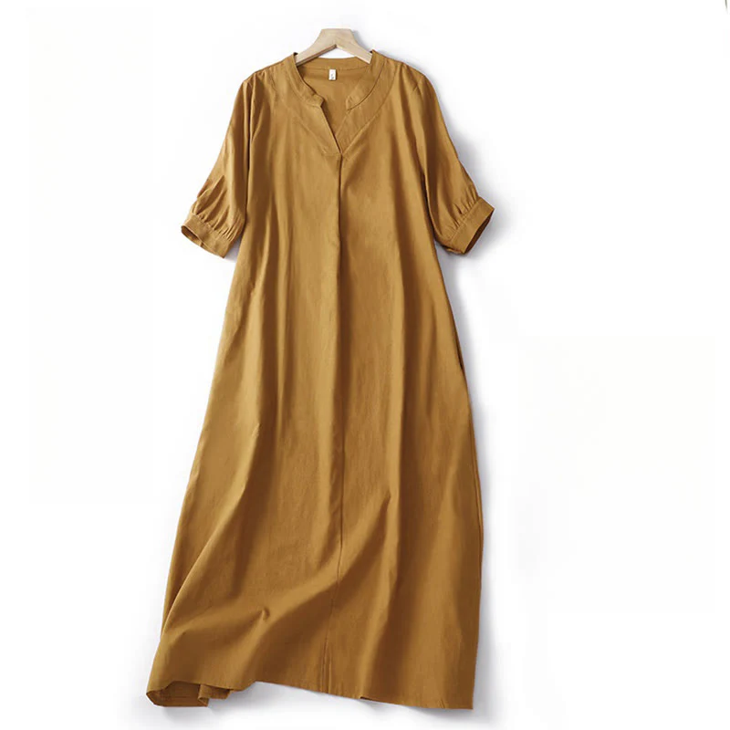 Mocoer Casual Plain V-neck Loose Half Sleeve Design Cotton Linen Midi Dress With Pockets - Mocoer
