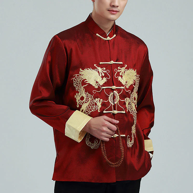 Mocoer Embroider Dragon Turned Sleeves Casual Frog-button Polyester Fiber Men's Jacket Shirt Pants Clothing - Mocoer