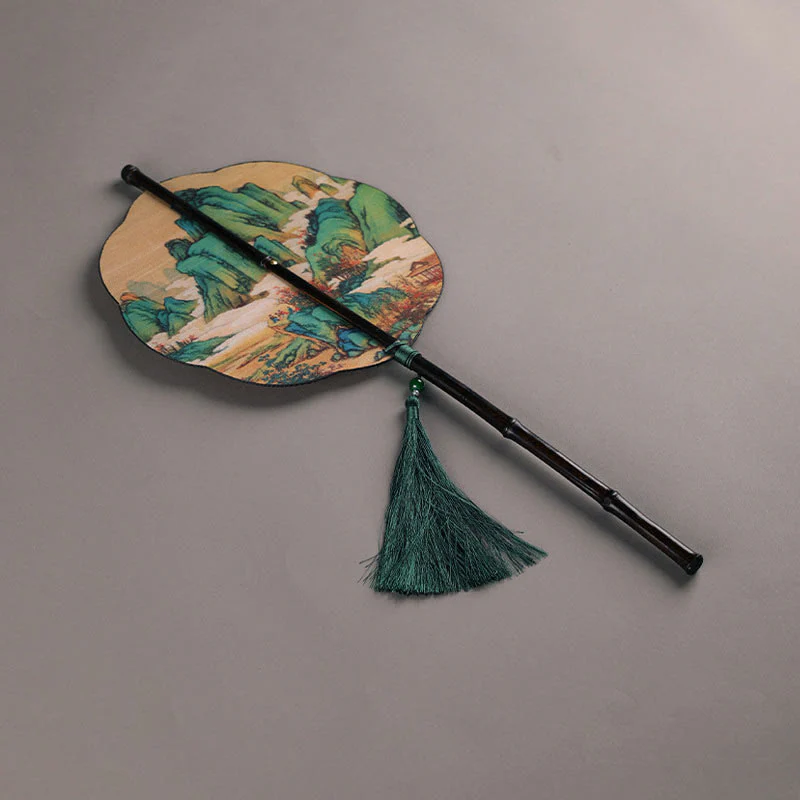 Mocoer Handmade Bamboo Thousand Miles of Rivers and Mountains Long Handle Portable Curlable Fan - Mocoer