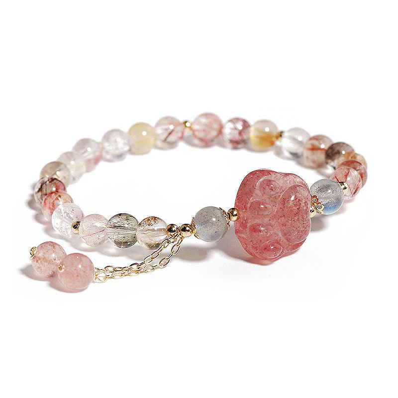 Mocoer Natural Strawberry Quartz Cat Paw Claw Colorful Rutilated Quartz Moonstone Love Bracelet - Mocoer
