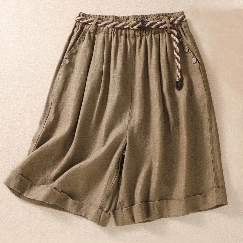 Mocoer Casual Solid Color Turn Up Cuff Belt Cotton Linen Women's Shorts With Pockets - Mocoer