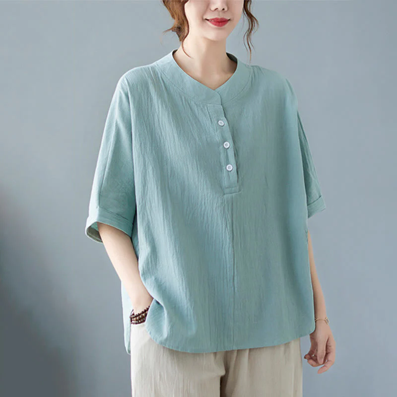 Mocoer Women's Plain Batwing Sleeve Design Half Sleeve Cotton Linen Shirt - Mocoer