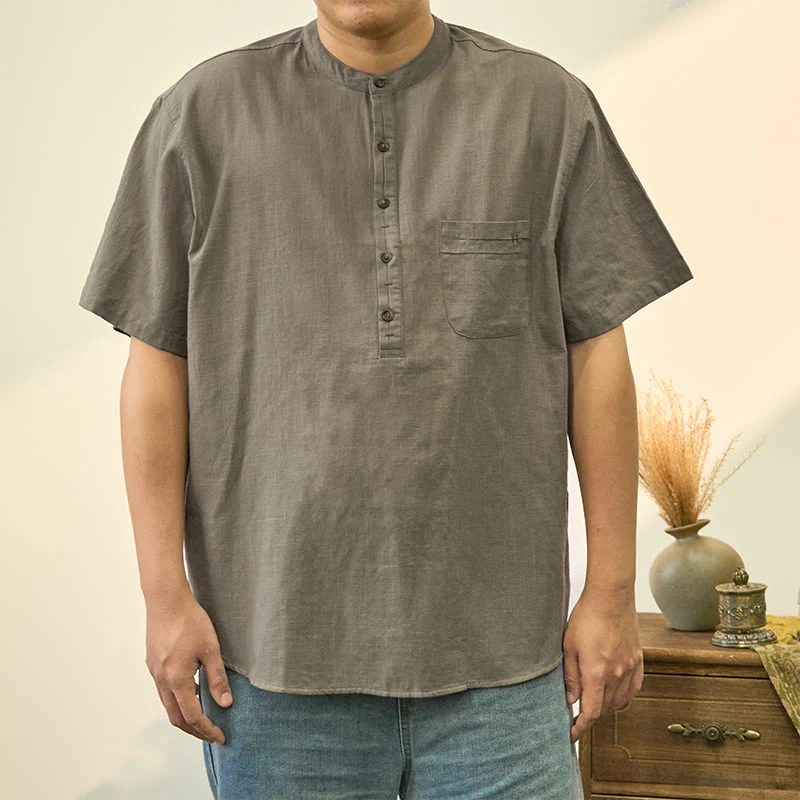 Mocoer Men's Summer Solid Color Short Sleeve Half Button Cotton Linen Shirt - Mocoer