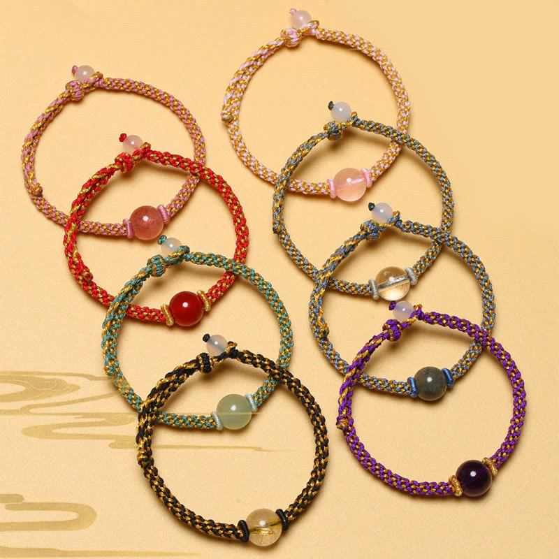 Mocoer Handmade Red Agate Amethyst Golden Rutilated Quartz Pink Crystal Bead Calm Braided Bracelet - Mocoer