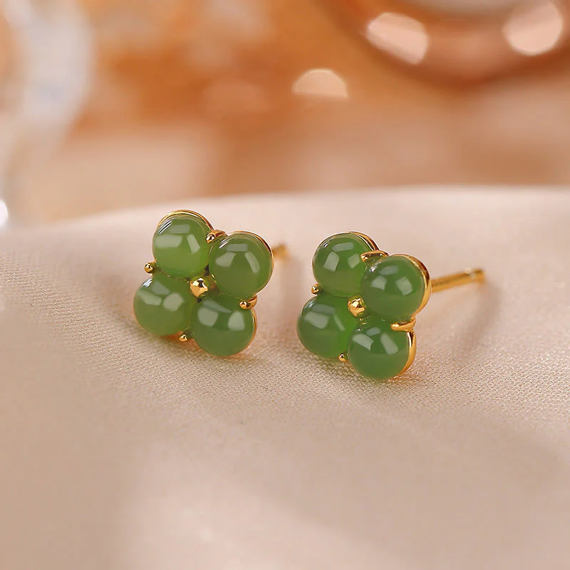 Mocoer 925 Sterling Silver Plated Gold Natural Cyan Jade Four Leaf Clover Luck Stud Earrings - Mocoer