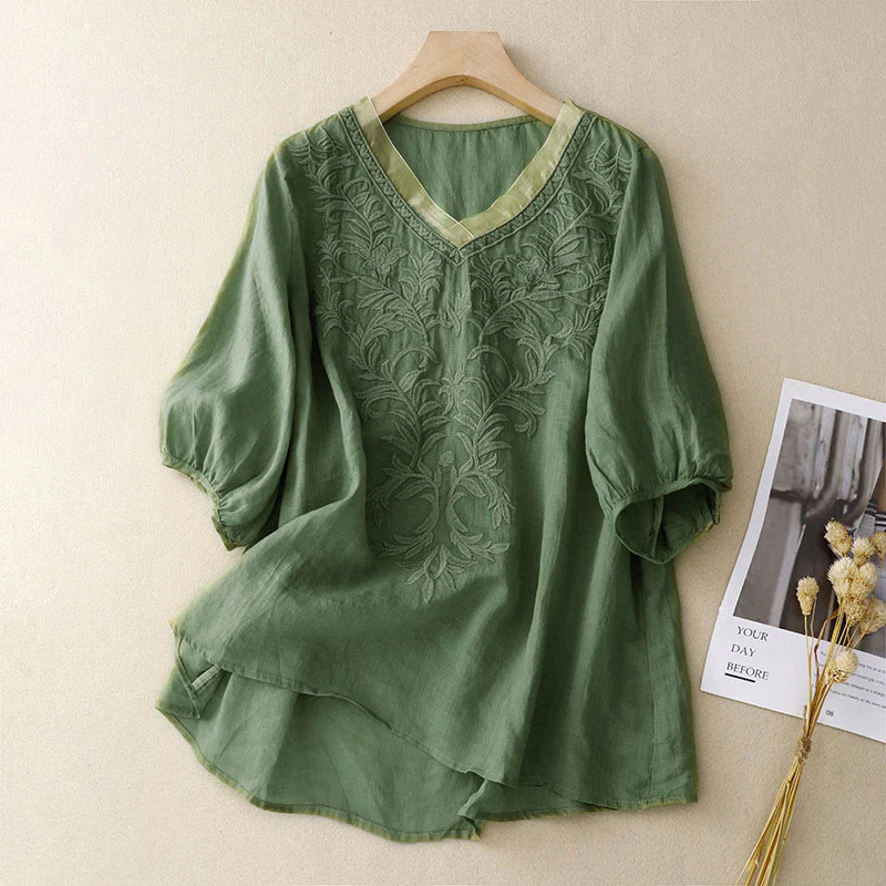 Mocoer Casual Women's Plain Embroidered Plant V-neck Design Half Sleeve Cotton Linen Shirt - Mocoer