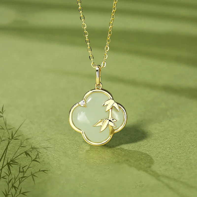 Mocoer Hetian Jade 925 Sterling Silver Four Leaf Clover Bamboo Growth Necklace Pendant - Mocoer