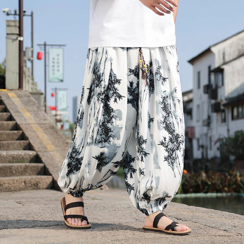 Mocoer Bamboo Leaves Pattern Loose Men's Harem Pants With Pockets - Mocoer