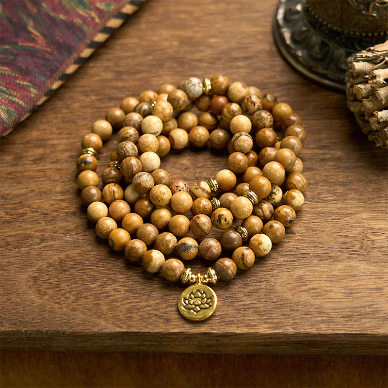 Mocoer 108 Beads Picture Jasper Mala Lotus Courage Bracelet - Mocoer