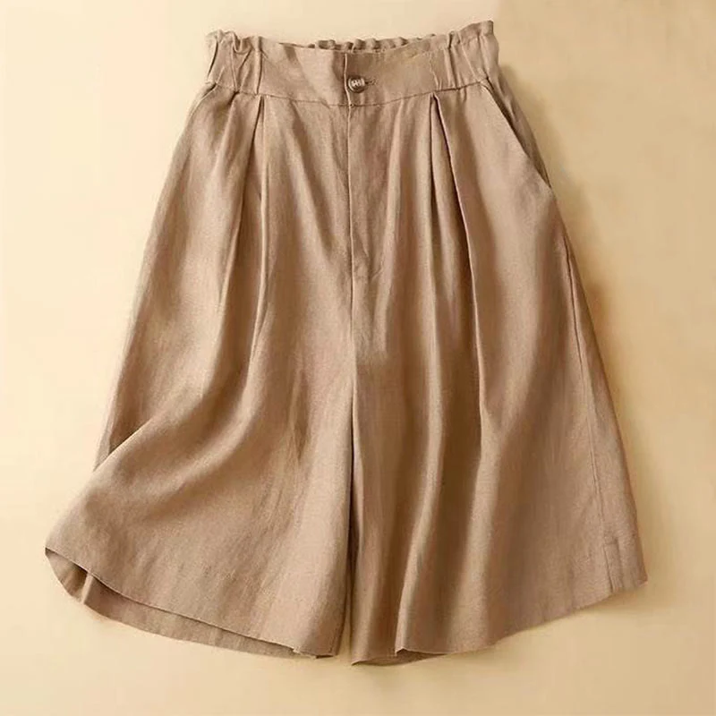 Mocoer Plain Color Pleated Zipper Button Cotton Linen Women's Shorts With Pockets - Mocoer