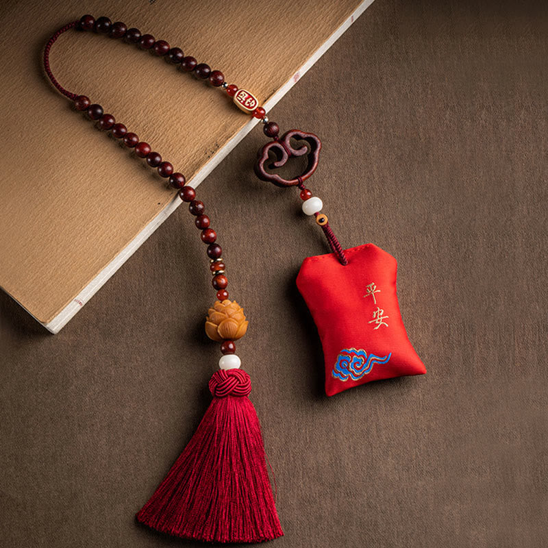 Mocoer Tibetan Small Leaf Red Sandalwood Lotus Cinnabar Sachet Protection Tassel Car Hanging Decoration - Mocoer