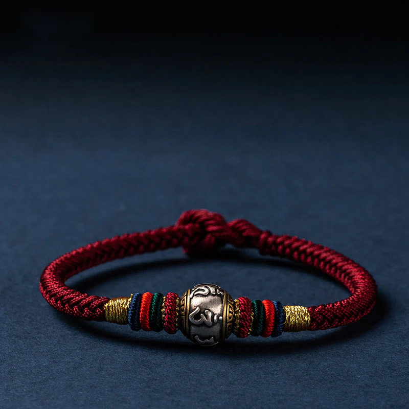 Mocoer 925 Sterling Silver Tibet Handmade Om Mani Padme Hum Luck Protection King Kong Knot Braided Bracelet - Mocoer