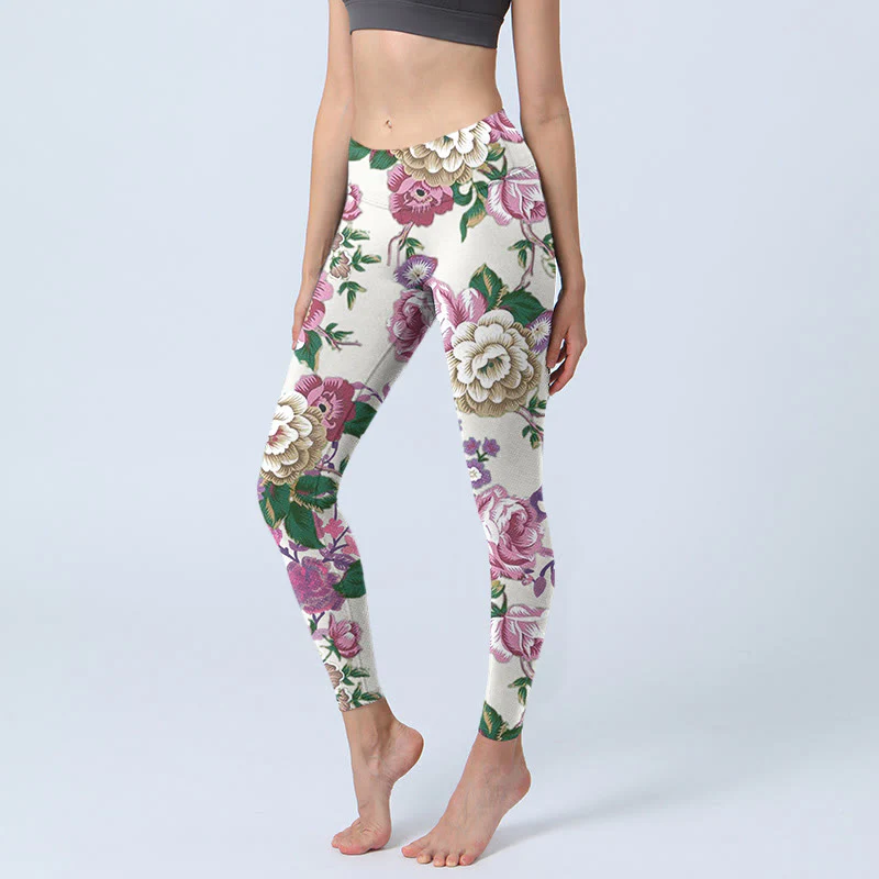 Mocoer Red White Peony Flower Print Sports Leggings Women's Yoga Pants - Mocoer