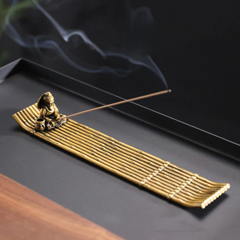 Mocoer Fisherman Bamboo Fishing Boat Alloy Incense Stick Holder Healing Incense Burner Decoration - Mocoer