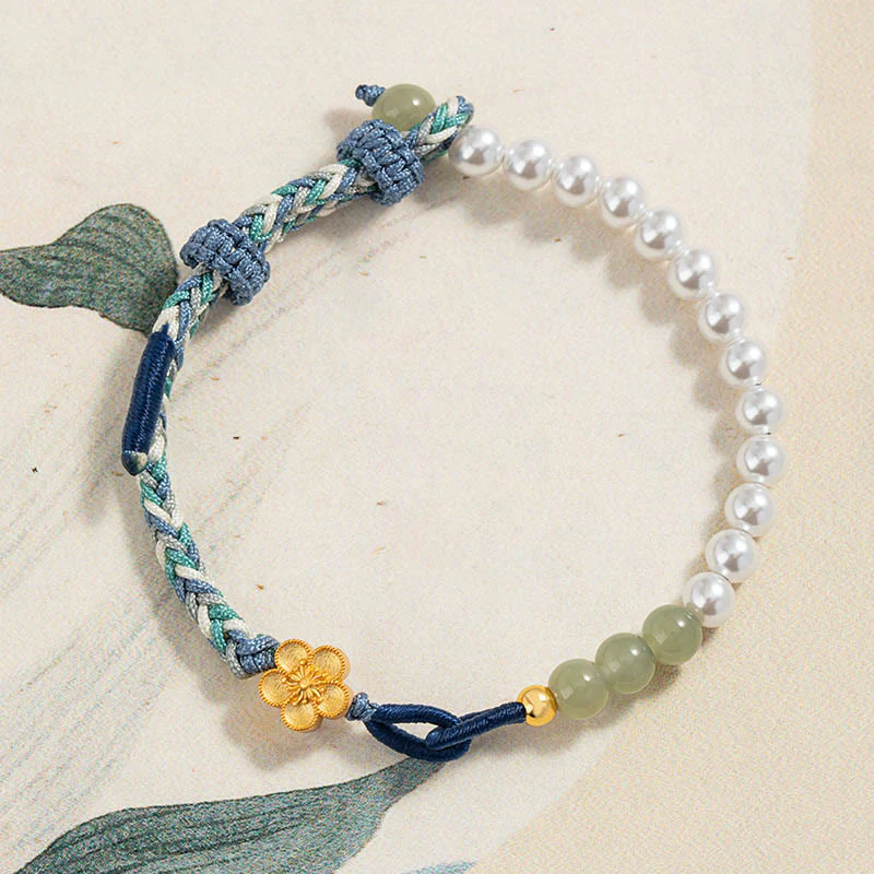 Mocoer 925 Sterling Silver Hetian Jade Peach Blossom Flower Pearl Braided Luck Bracelet - Mocoer