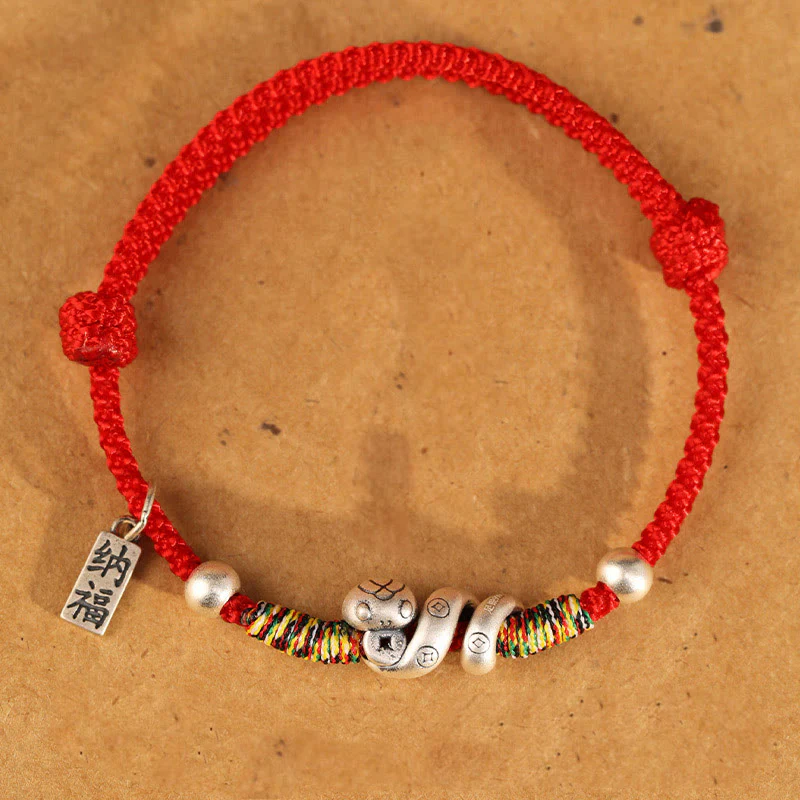 Mocoer 999 Sterling Silver Year of the Snake Handmade Lucky Fortune Fu Character Copper Coin Blessing Bracelet - Mocoer