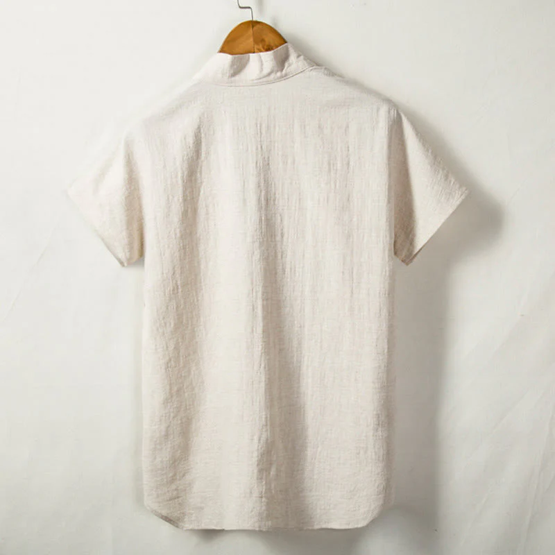 Mocoer Men's Short Sleeve Shirt With Pocket V Neck Cardigan Comfort Cotton Linen Shirt - Mocoer