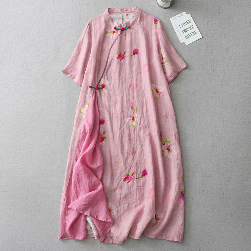 Mocoer Casual Flower Pattern Frog-Button Short Sleeve Cotton Linen Women's Maxi Dress With Pockets - Mocoer