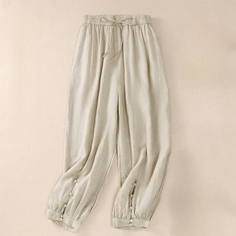 Mocoer Pure Color Drawstring Frog-Button Cotton Linen Women's Harem Pants With Pockets - Mocoer