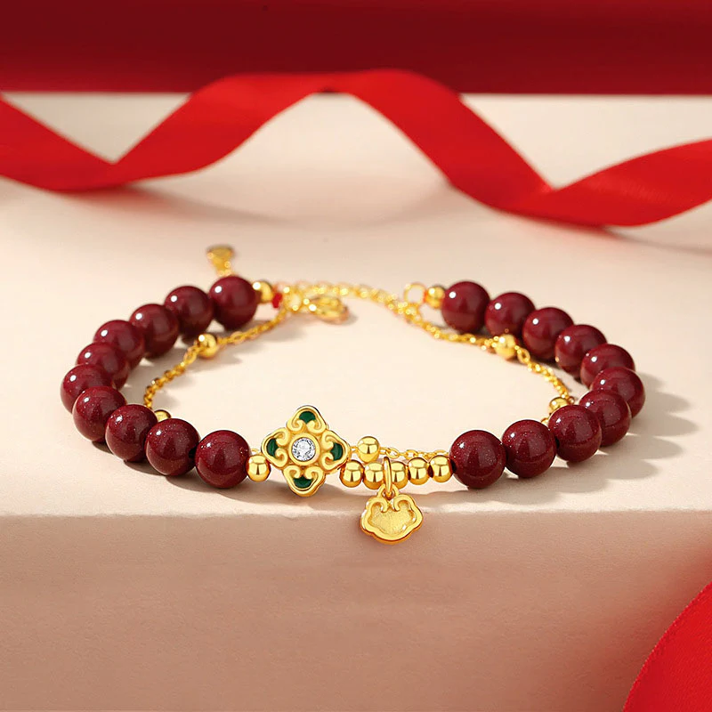 Mocoer 925 Sterling Silver Natural Cinnabar Four Leaf Clover Flower Blessing Chain Bracelet - Mocoer