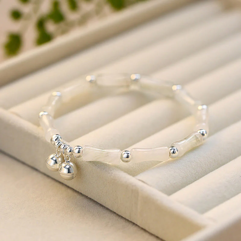 Mocoer 925 Sterling Silver Natural White Jade Bamboo Bell Charm Luck Happiness Bracelet - Mocoer