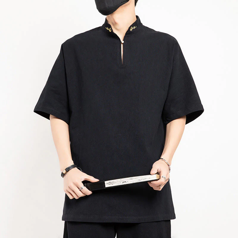 Mocoer Chinese Tang Suit Embroidery Half Sleeve Shirt Linen Men Clothing - Mocoer