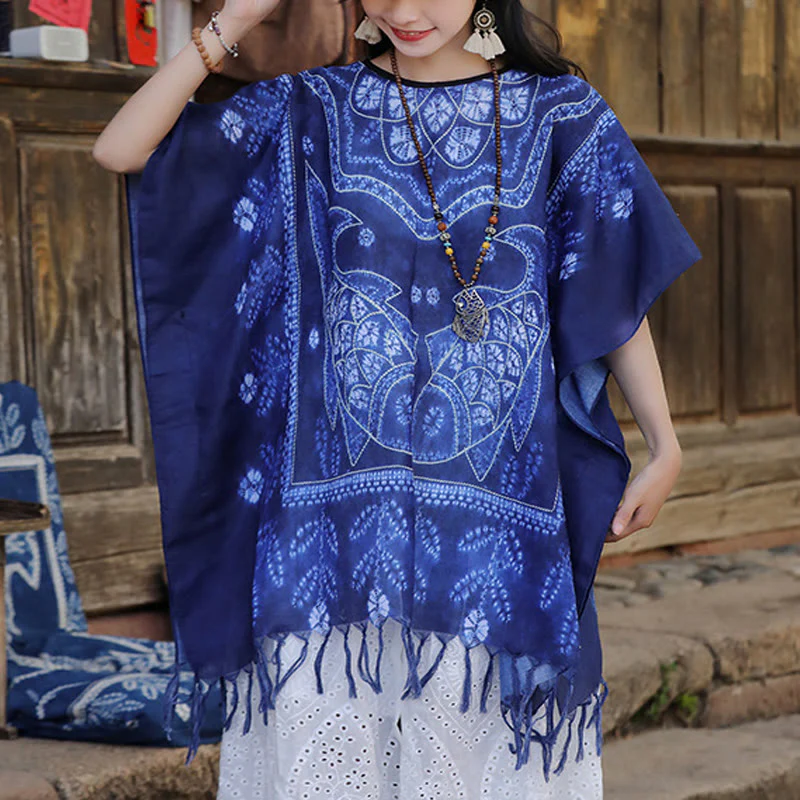 Mocoer Blue Tie Dye Koi Fish Shawl Tassels Soft Travel Pullover 90*95cm - Mocoer