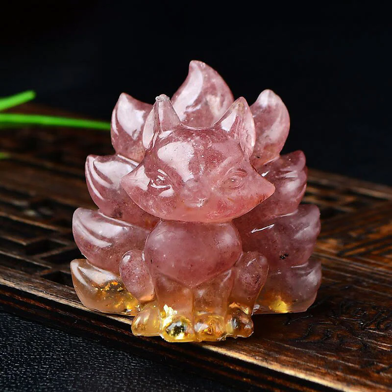 Mocoer Natural Various Crystal Strawberry Quartz Amethyst Nine Tailed Fox Protection Home Decoration - Mocoer