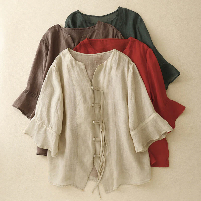 Mocoer Casual Women's V-Neck Design Half Bell Sleeve Cotton Linen Cardigan Shirt - Mocoer