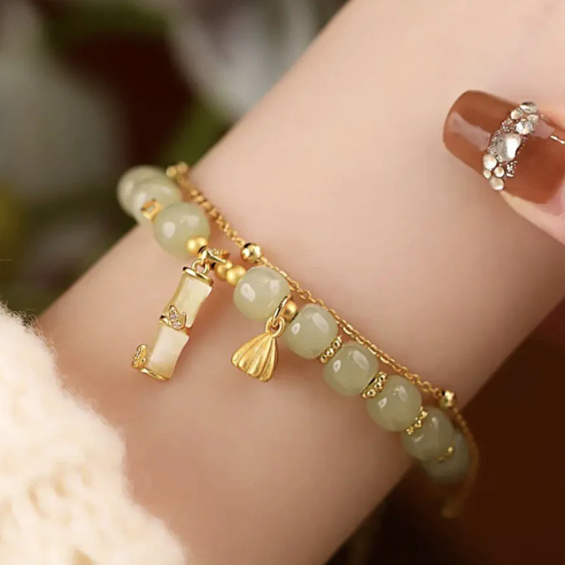 Mocoer Natural Hetian Jade Prosperity Lotus Bamboo Charm Bracelet - Mocoer