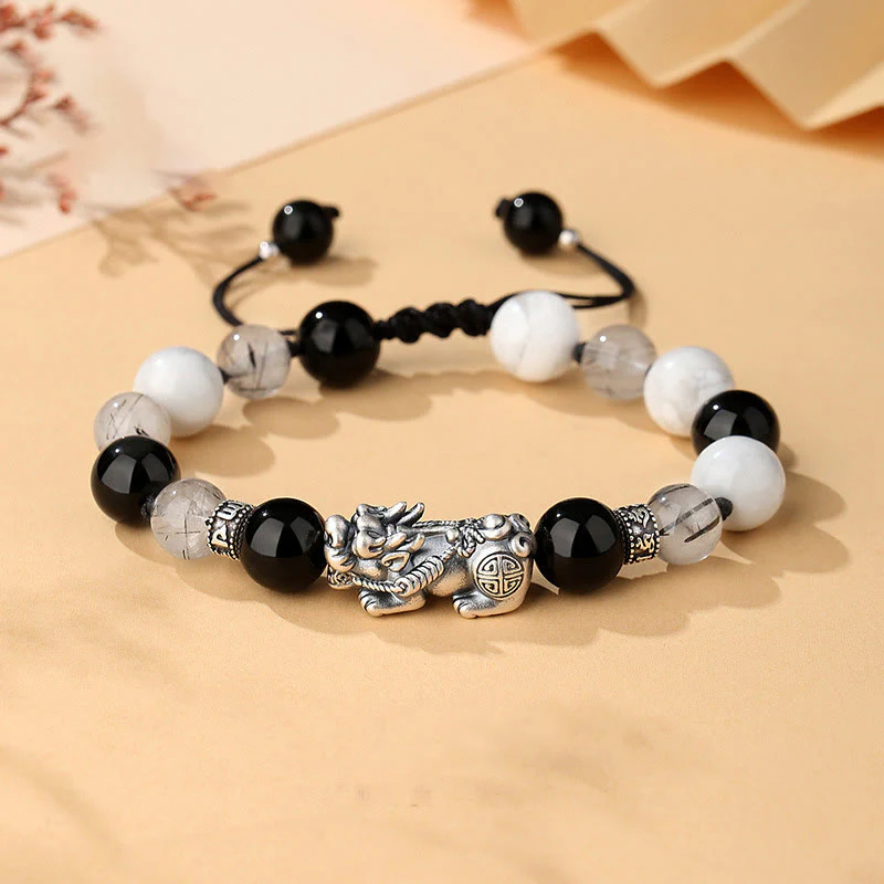 Mocoer Pi Xiu Six True Words 999 Sterling Silver Black Obsidian White Turquoise Chrysoberyl Luck Bracelet - Mocoer