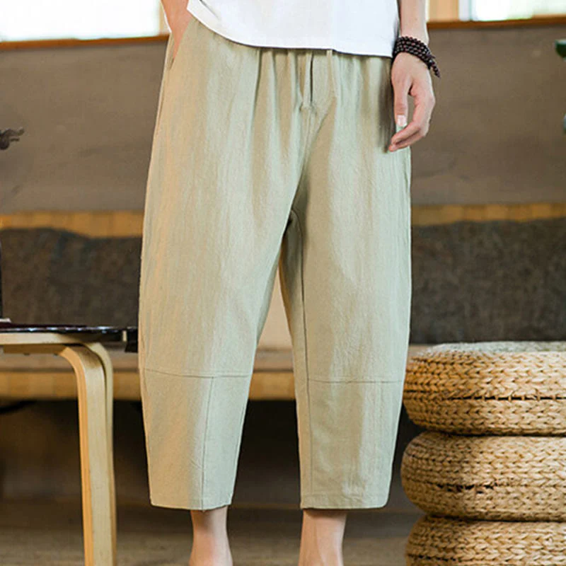 Mocoer Simple Design Drawstring Cotton Linen Men's Solid Color Harem Pants With Pockets - Mocoer