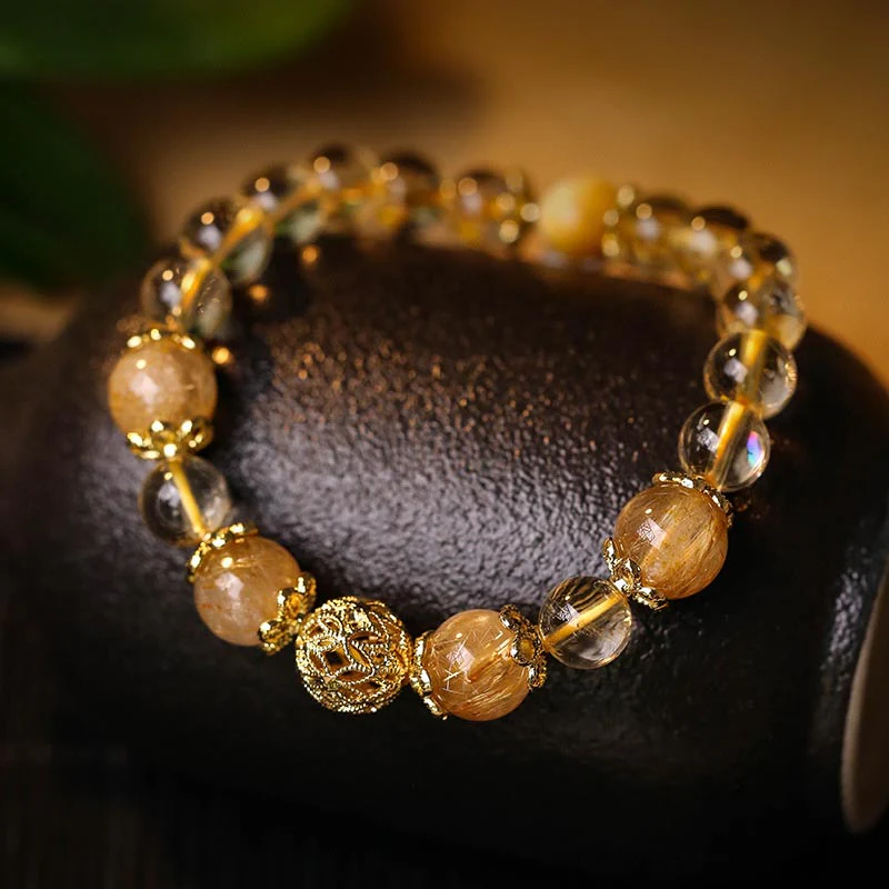 Mocoer Natural Citrine Amethyst Rutilated Quartz Prosperity Protection Bracelet - Mocoer