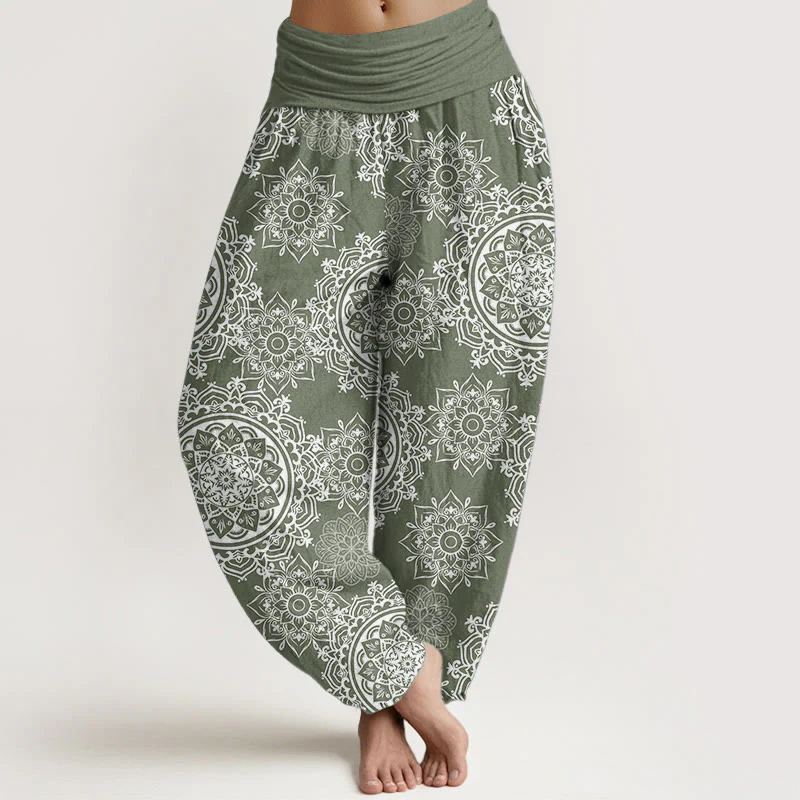 Mocoer Pure Cotton Casual White Mandala Flower Design Women's Elastic Waist Harem Pants - Mocoer