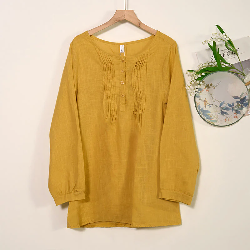 Mocoer Round Neck Casual Pleated Long Sleeve Shirt Cotton Linen Women's Shirts - Mocoer