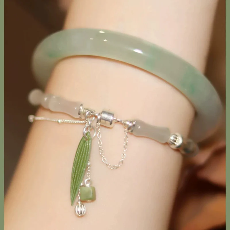 Mocoer 925 Sterling Silver Natural White Jade Bamboo Leaf Lantern Charm Happiness Bracelet - Mocoer