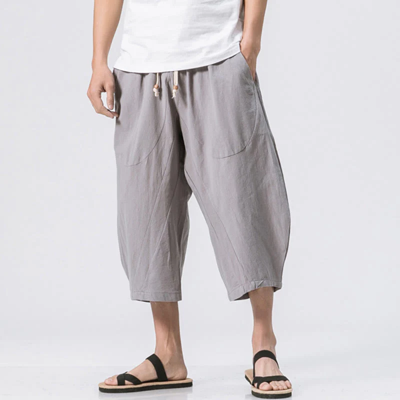 Mocoer Summer Casual Simple Plain Design 7-8 Length Men's Cotton Linen Drawstring Pants With Pockets - Mocoer