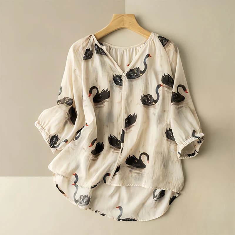 Mocoer Casual Black Swan Print Women's V-Neck Half Sleeve Design Cotton Linen Shirt - Mocoer