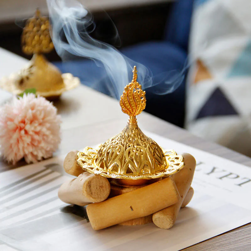 Mocoer Gold Alloy Healing Mini Incense Burner With Wooden Coaster Home Decor - Mocoer