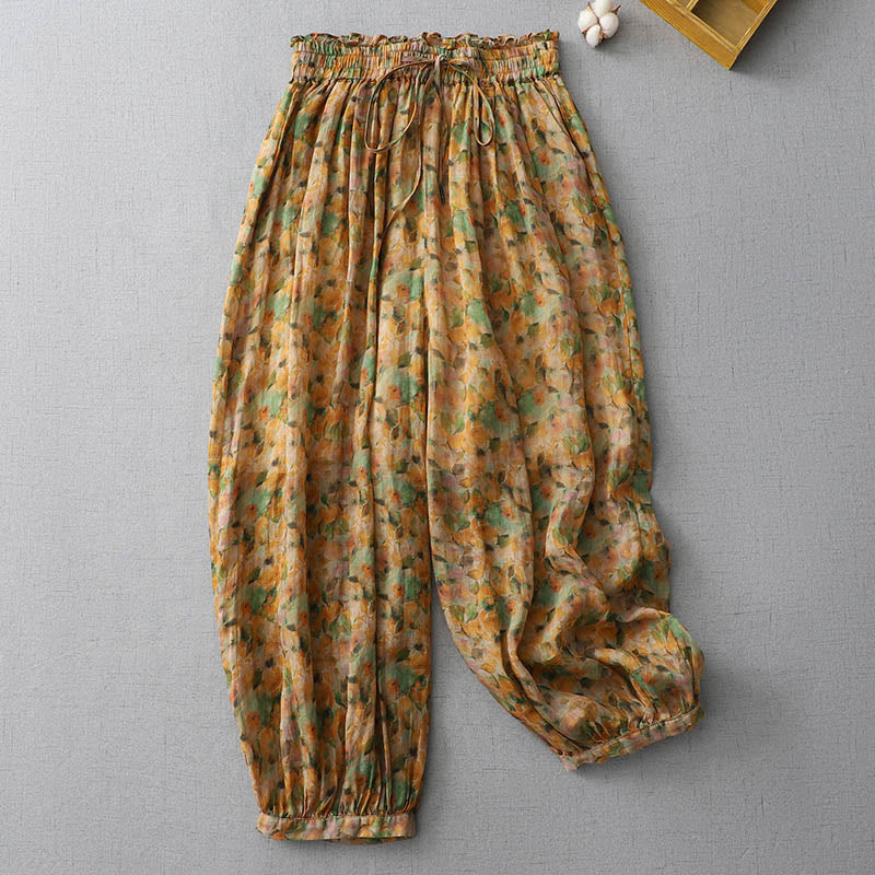 Mocoer Summer Yellow Leaves Flowers Ramie Linen Harem Pants With Pockets - Mocoer