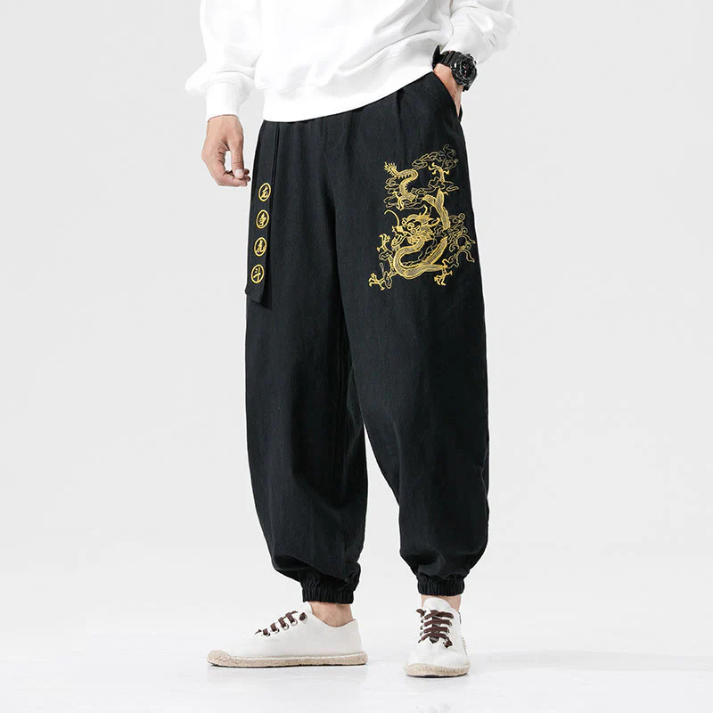 Mocoer Auspicious Clouds Dragon Cotton Men's Pants With Pockets - Mocoer