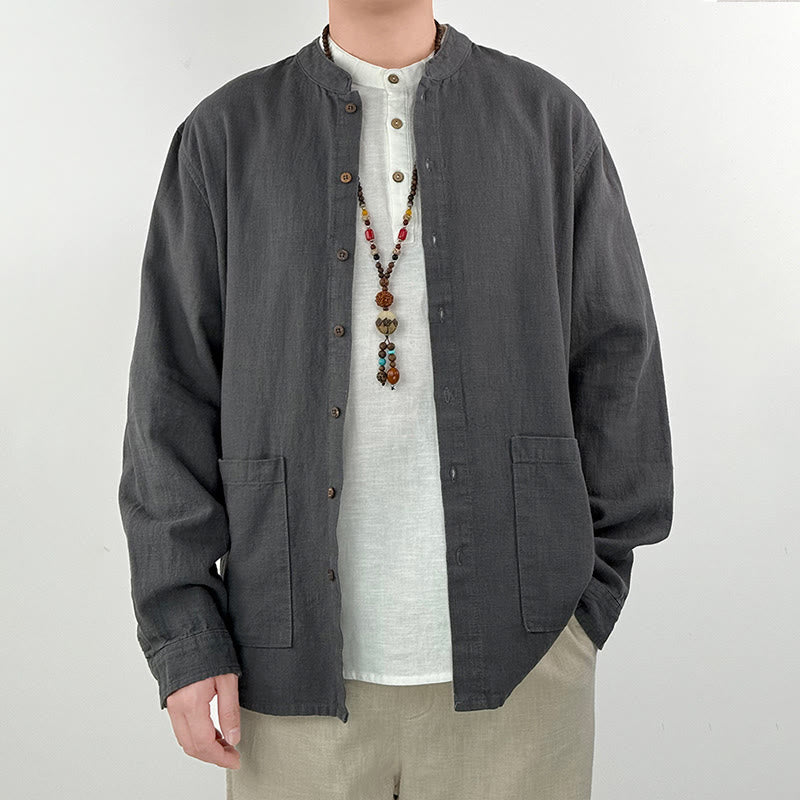 Mocoer Casual Solid Color Ramie Linen Cotton Men's Shirt With Pockets - Mocoer