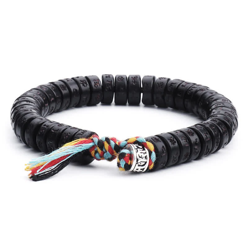 Mocoer Tibetan Coconut Shell Beads Engraved Om Mani Padme Hum Mantra Happiness Bracelet - Mocoer