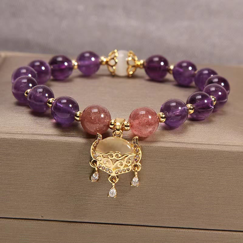 Mocoer Natural Amethyst Strawberry Quartz Cat Eye Chinese Lock Charm Healing Bracelet - Mocoer